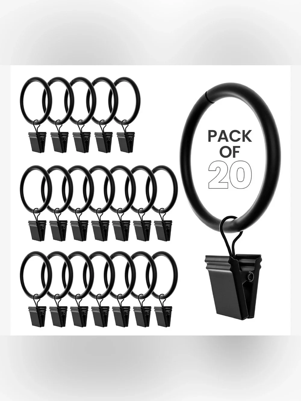 Black Metal Drapery Rings with Clips  1.5” (20 pack)